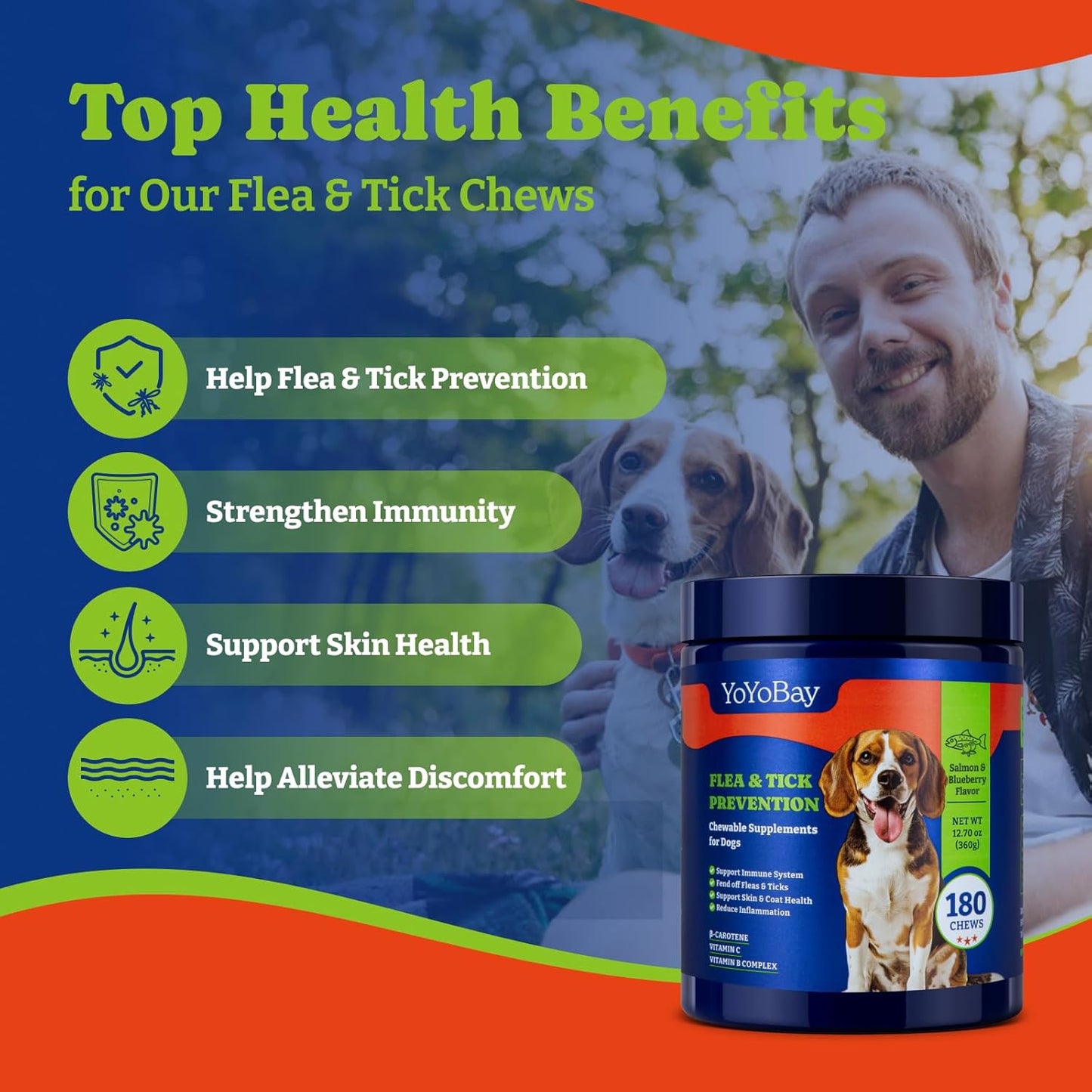 Flea and Tick Prevention for Dogs Chewable - 180 Soft Chews, Salmon & Blueberry Flavor