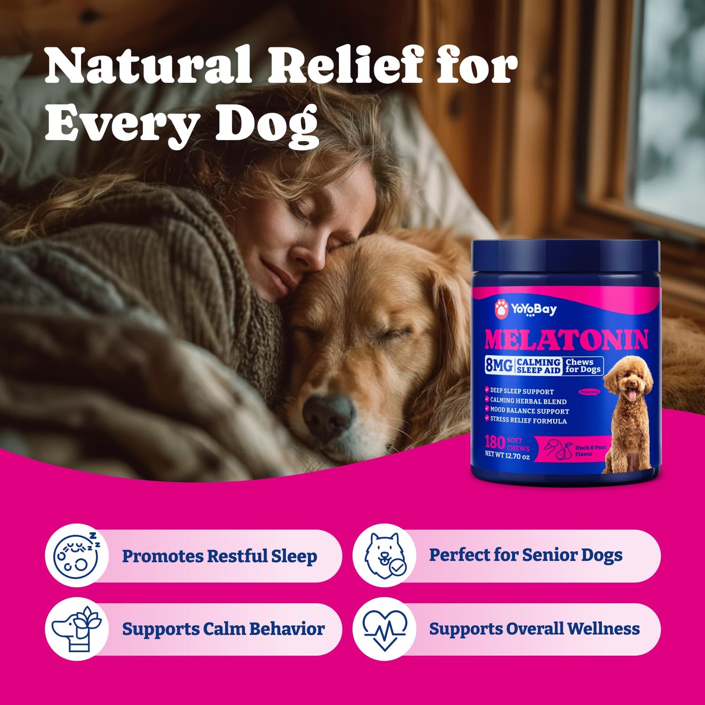 Advanced Melatonin for Dogs - 180 Dog Melatonin Calming Chews for Small and Large Dogs - Natural Herbs Dog Sleep Aid