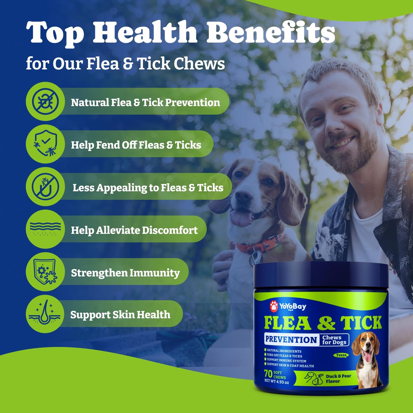 Flea and Tick Prevention for Dogs Chewable - 70 Soft Chews, Duck & Pear Flavor