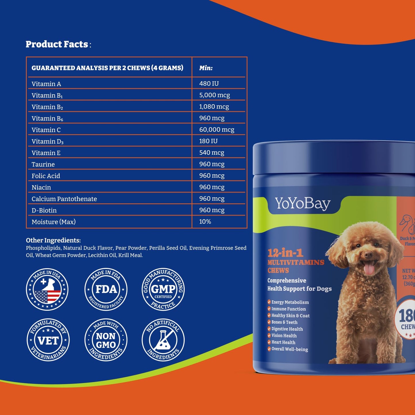 Dog Vitamins and Supplements - 180 Soft Chews, Duck & Pear Flavor - Joint, Skin & Coat Care - Vitamins A, B, C, D, E