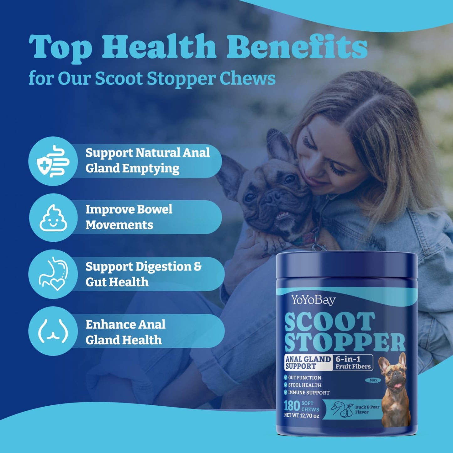 Scoot Stopper Soft Chews for Dogs, Gut Health, Constipation & Gas Relief, with Pre & Probiotics Blend, Duck & Pear Flavor, 180 Count