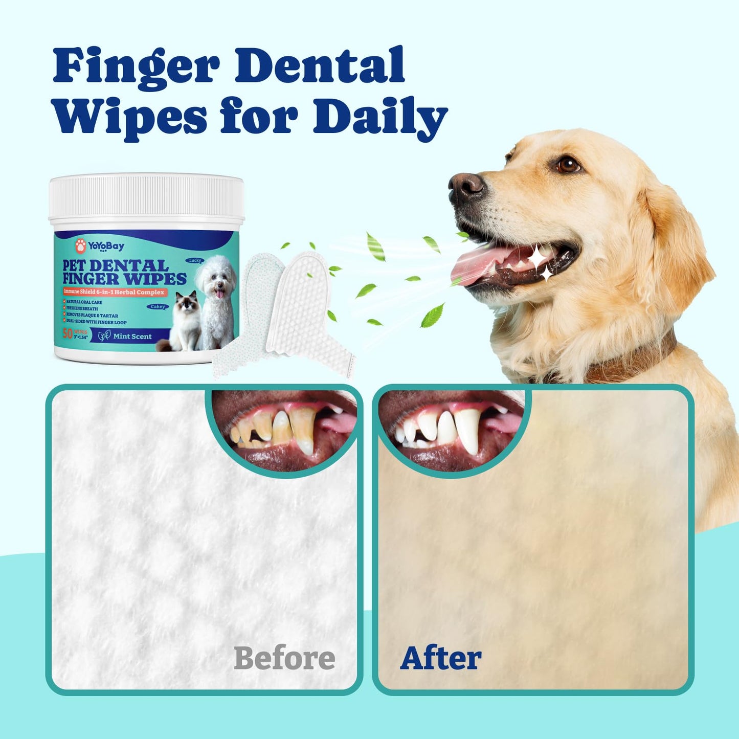 Dog Teeth Cleaning Wipes, Remove Plaque & Tartar, Freshen Breath, 50 PCS, Mint Flavor