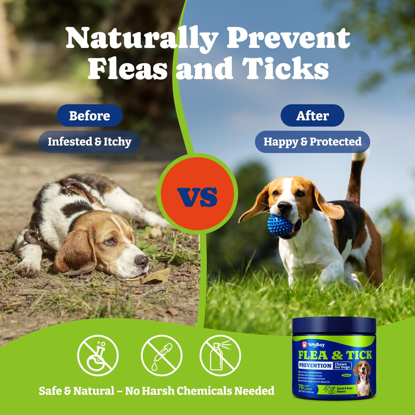 Flea and Tick Prevention for Dogs Chewable - 70 Soft Chews, Duck & Pear Flavor