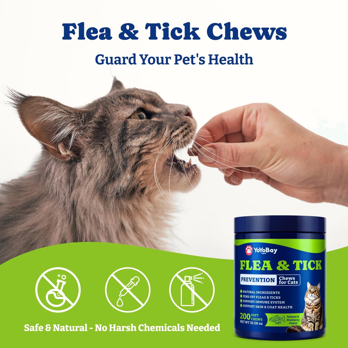 Flea and Tick Prevention for Cats -Salmon & Blueberry Flavor - 200 Soft Chews