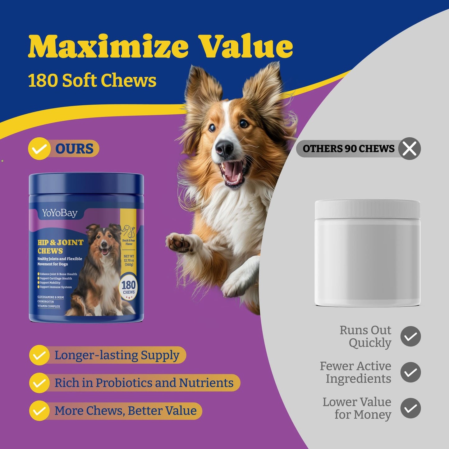 Hip & Joint Supplement for Dogs, 180 Soft Chews, Duck & Pear Flavor