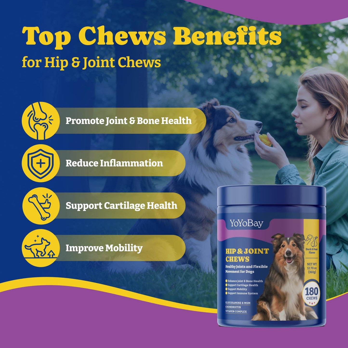 Hip & Joint Supplement for Dogs, 180 Soft Chews, Duck & Pear Flavor