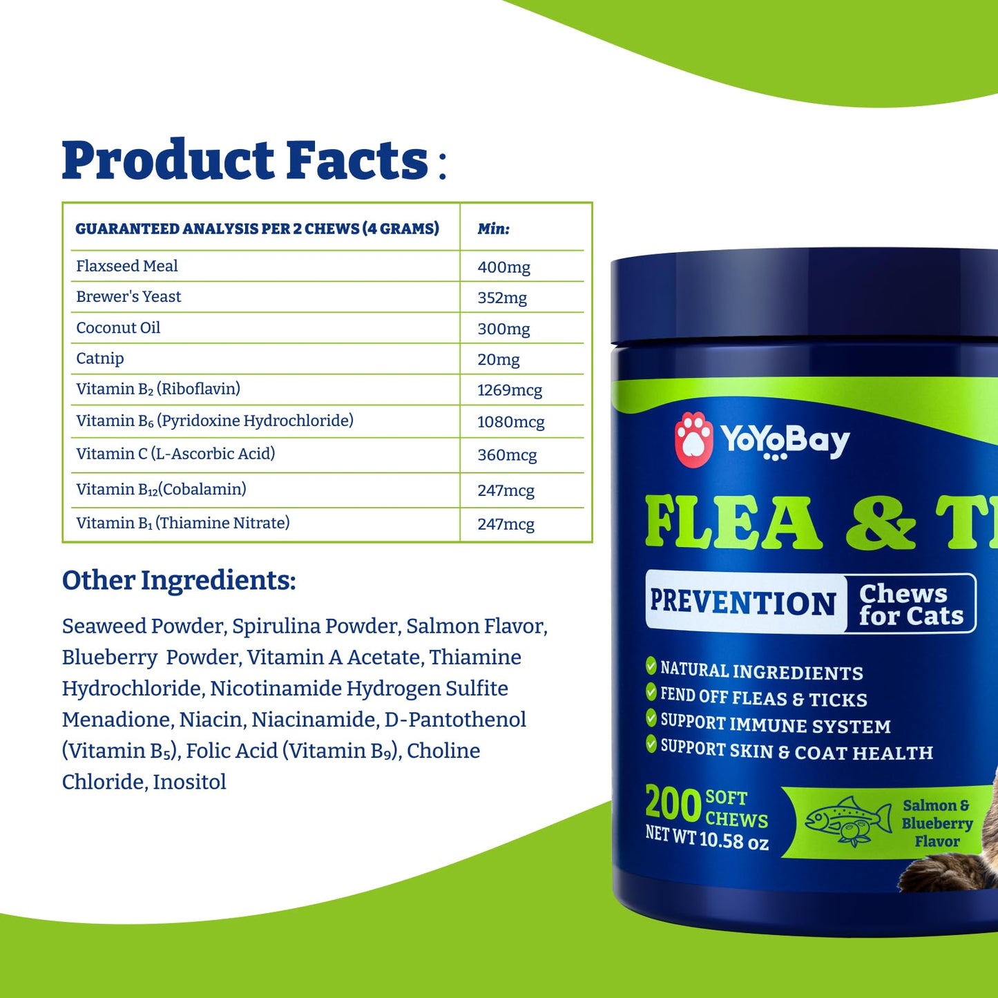 Flea and Tick Prevention for Cats -Salmon & Blueberry Flavor - 200 Soft Chews