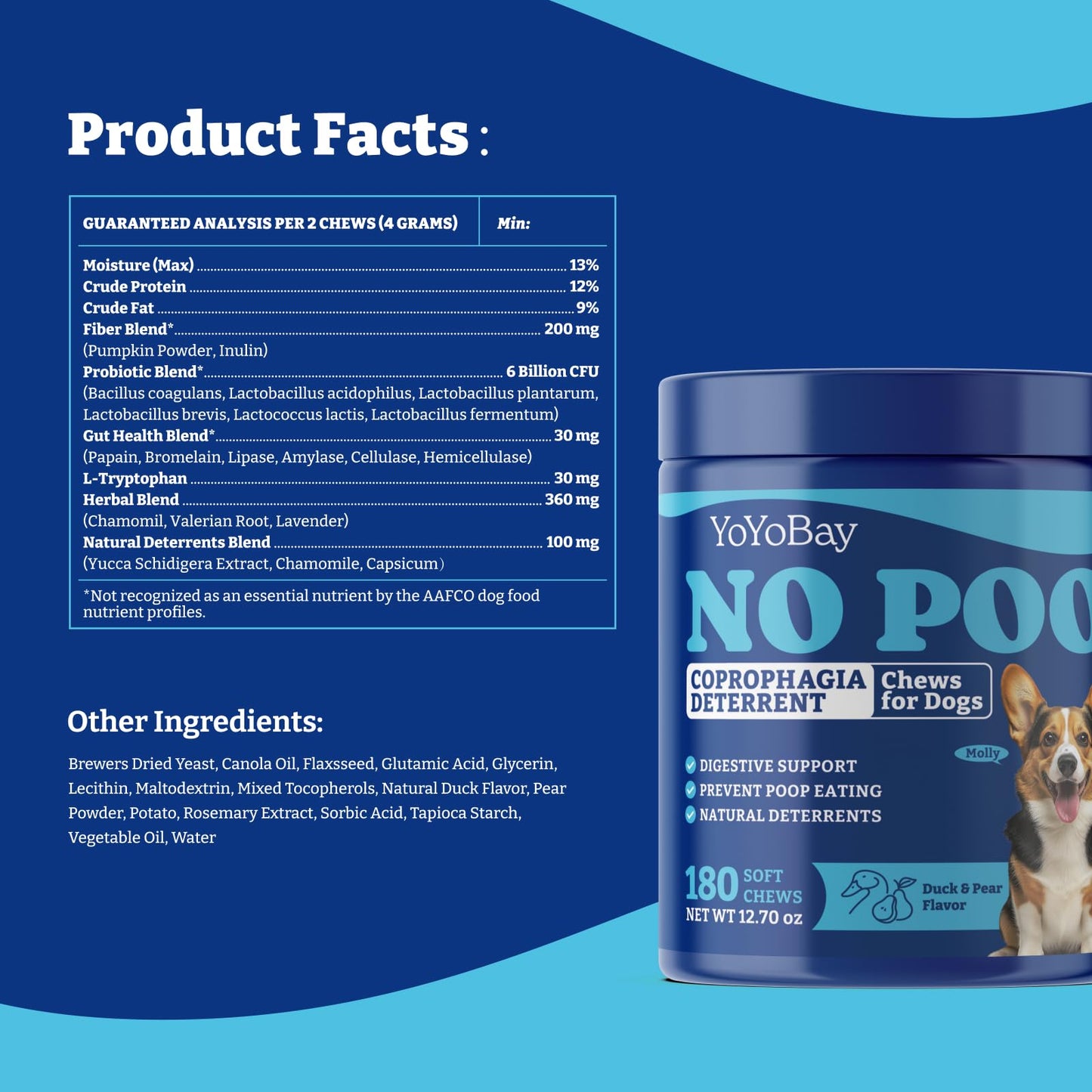 No Poo Chews for Dogs, Coprophagia Deterrent, Digestive Health & Immune Support - 180 Soft Chews, Duck & Pear Flavor