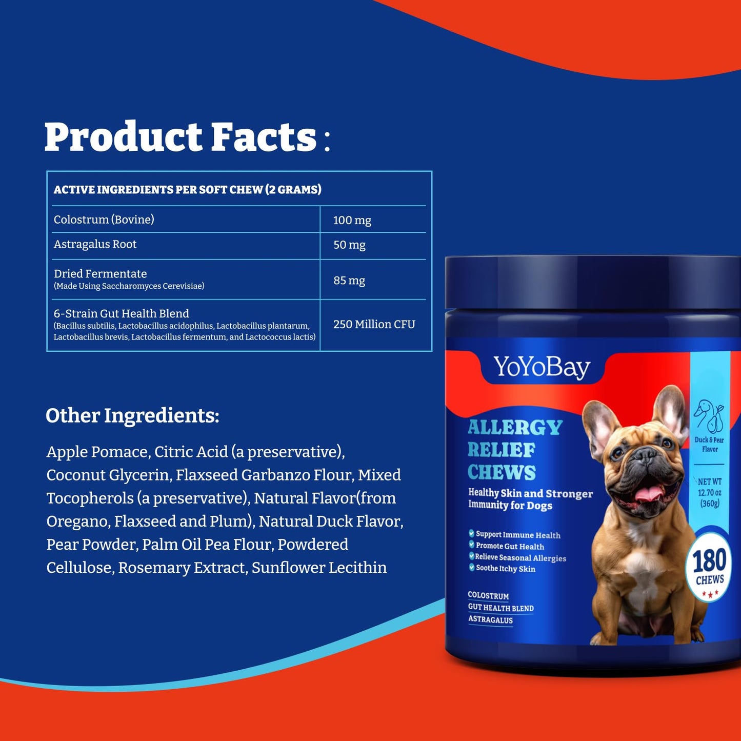 Dog Allergy Relief Chews , Immune Support & Itch Relief with Colostrum– Duck & Pear Flavor -180 Soft Chews