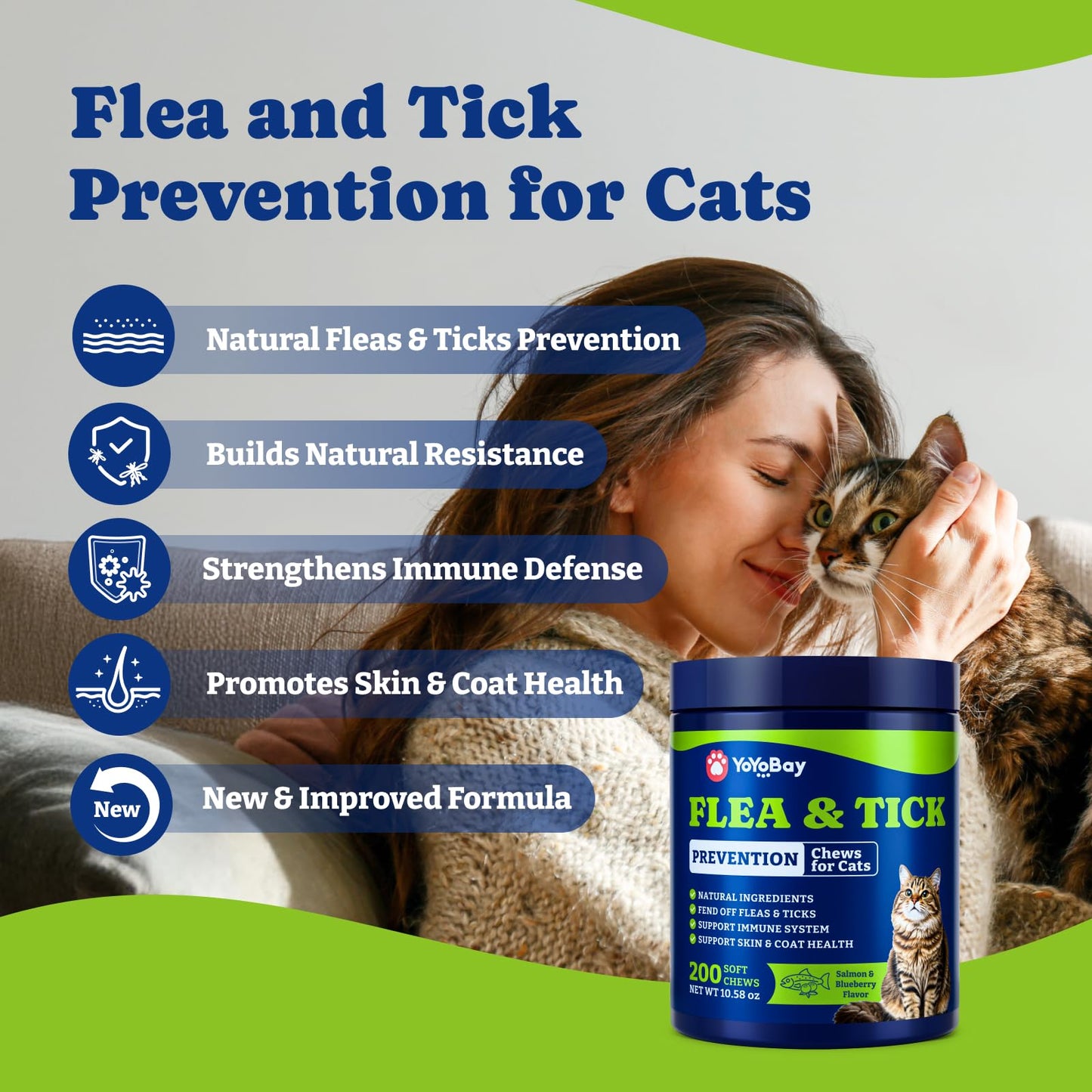 Flea and Tick Prevention for Cats -Salmon & Blueberry Flavor - 200 Soft Chews