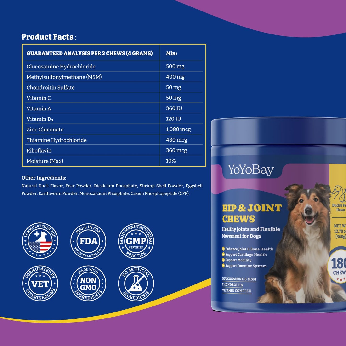 Hip & Joint Supplement for Dogs, 180 Soft Chews, Duck & Pear Flavor