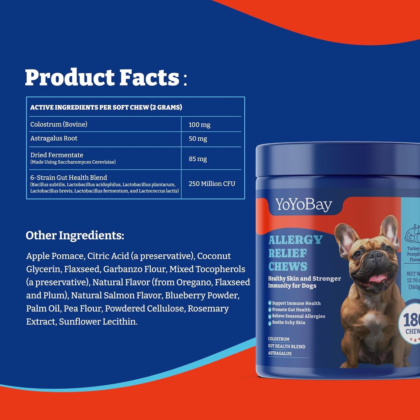 Dog Allergy Relief Chews - Salmon & Blueberry Flavor, 180 Chews