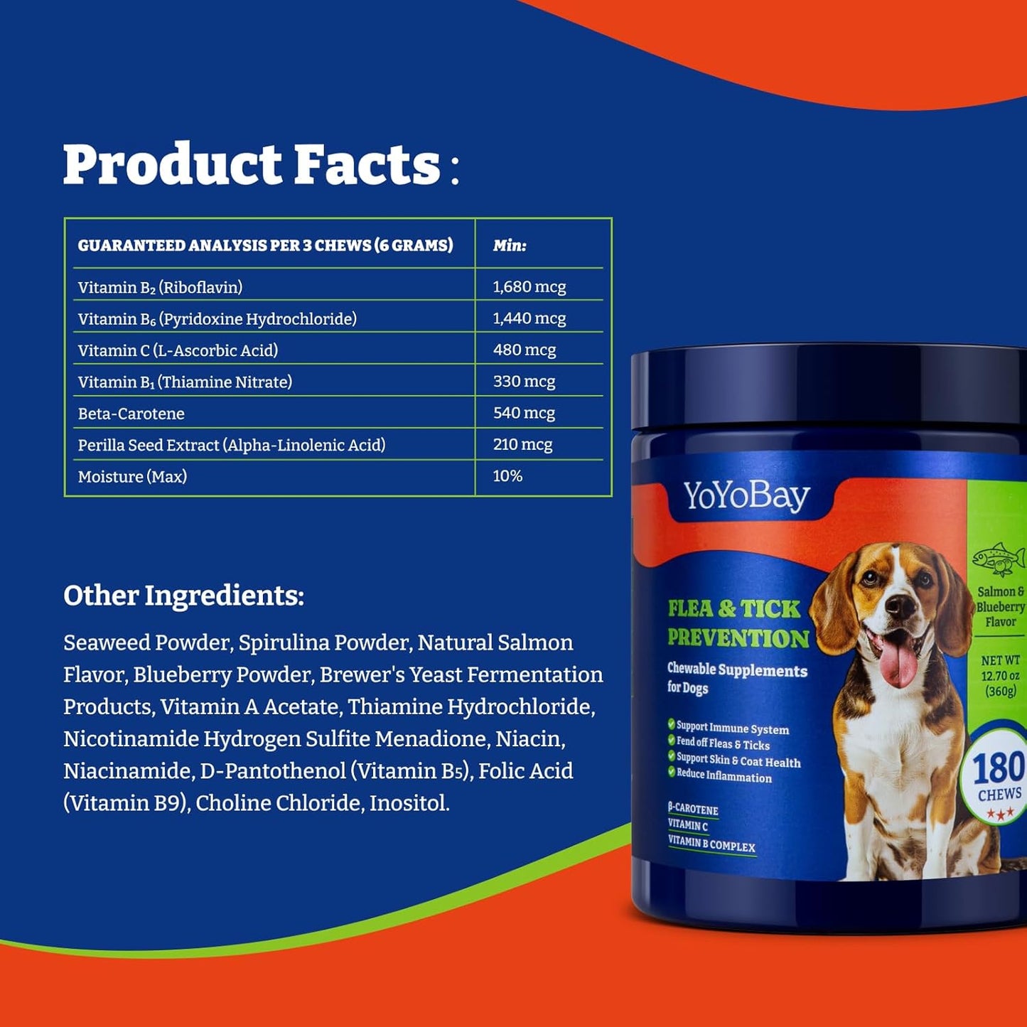 Flea and Tick Prevention for Dogs Chewable - 180 Soft Chews, Salmon & Blueberry Flavor