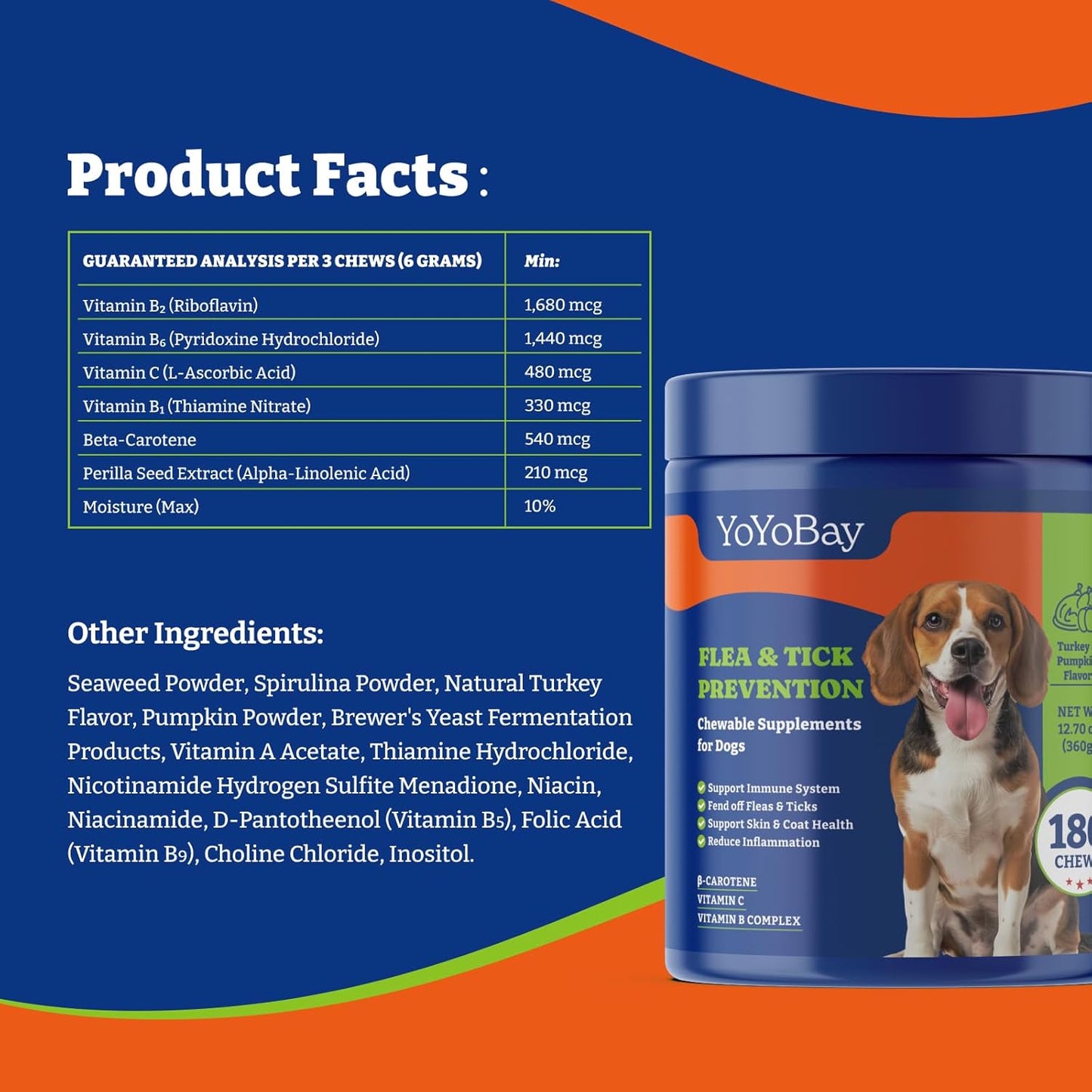 Flea and Tick Prevention for Dogs Chewable - 180 Soft Chews, Turkey & Pumpkin Flavor