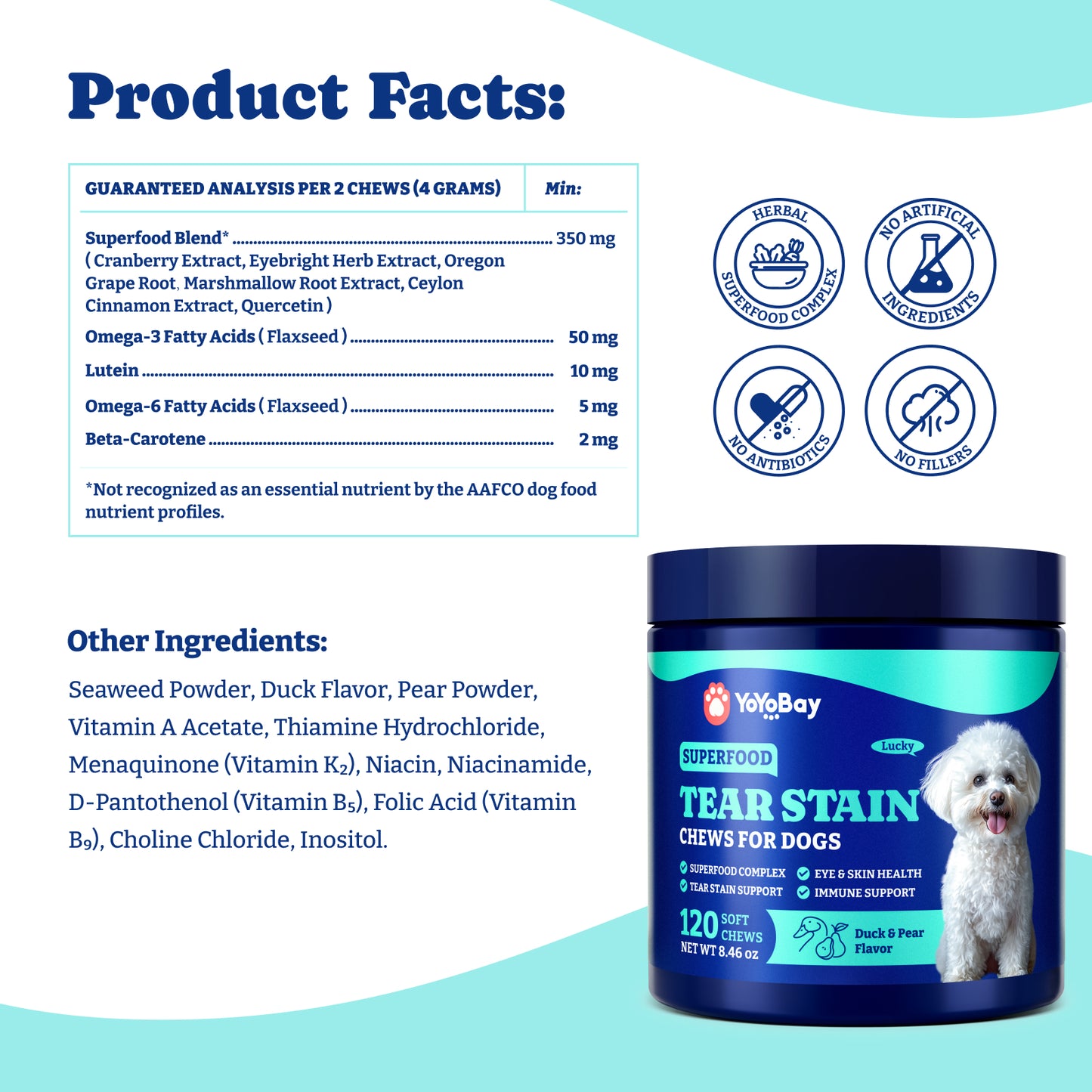 Tear Stain Support Soft Chews for Dogs 120ct, Duck & Pear Flavor