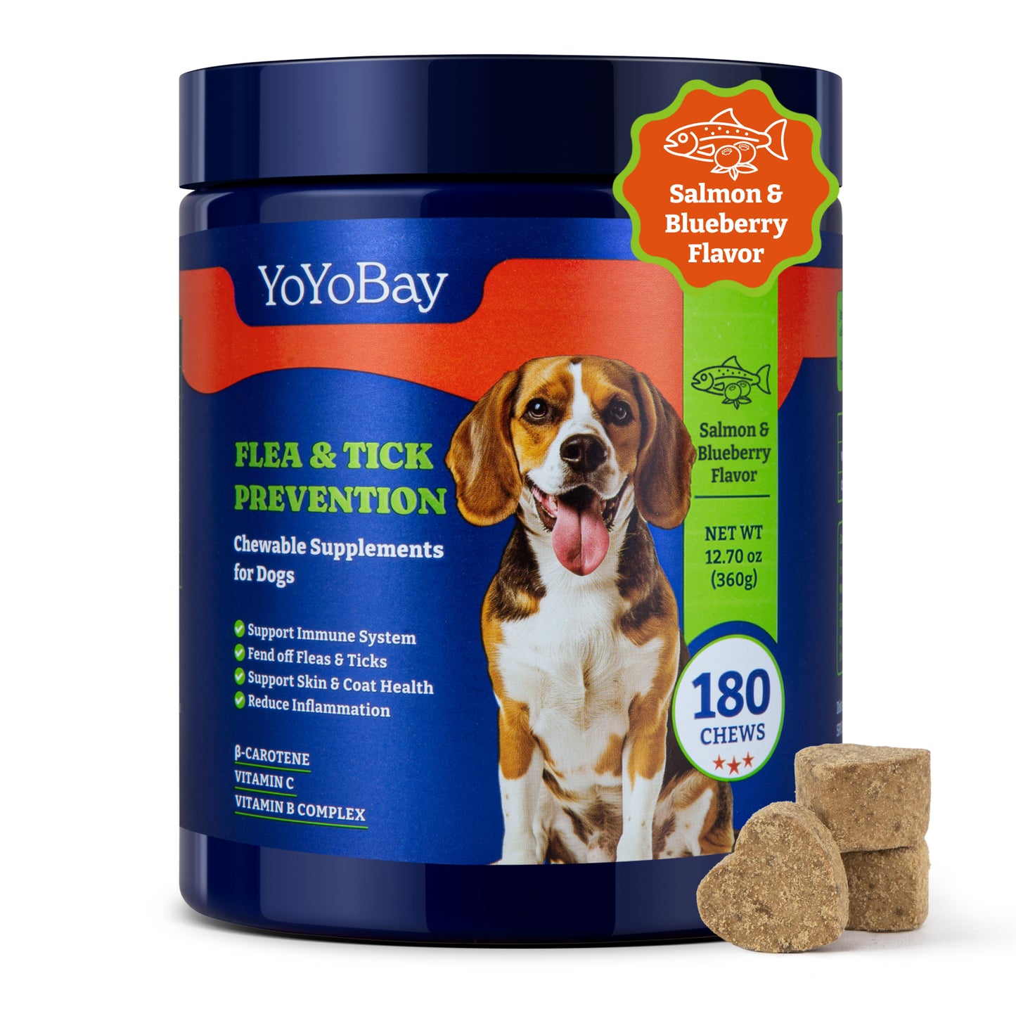 Flea and Tick Prevention for Dogs Chewable - 180 Soft Chews, Salmon & Blueberry Flavor