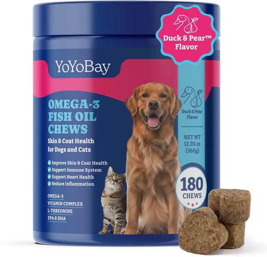 Fish Oil Chews for Dogs & Cats, Rich in Omega 3, 6, and 9 with Flaxseed Oil, EPA & DHA - 180 Soft Chews, Duck & Pear Flavor - Anti-Inflammation, Skin & Coat Health