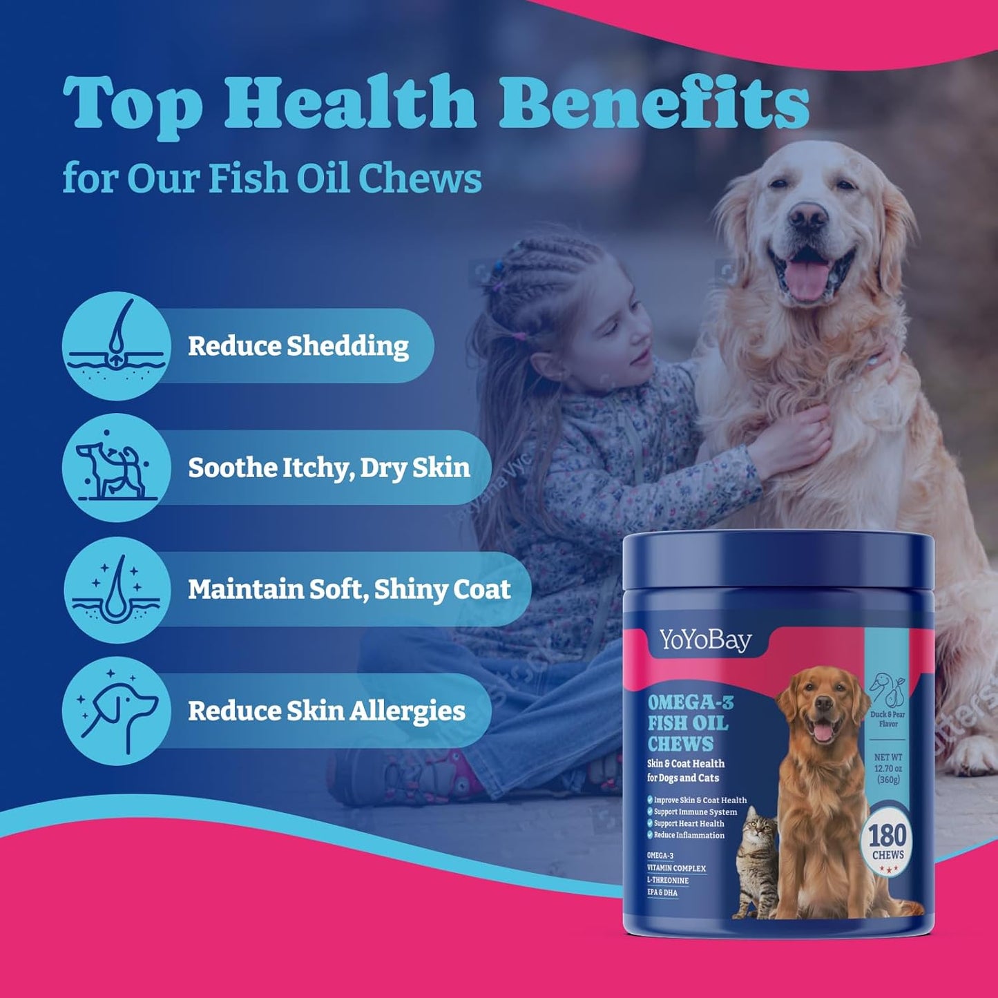 Omega-3 Fish Oil Chews for Dogs & Cats, 180 Soft Chews, Duck & Pear Flavor