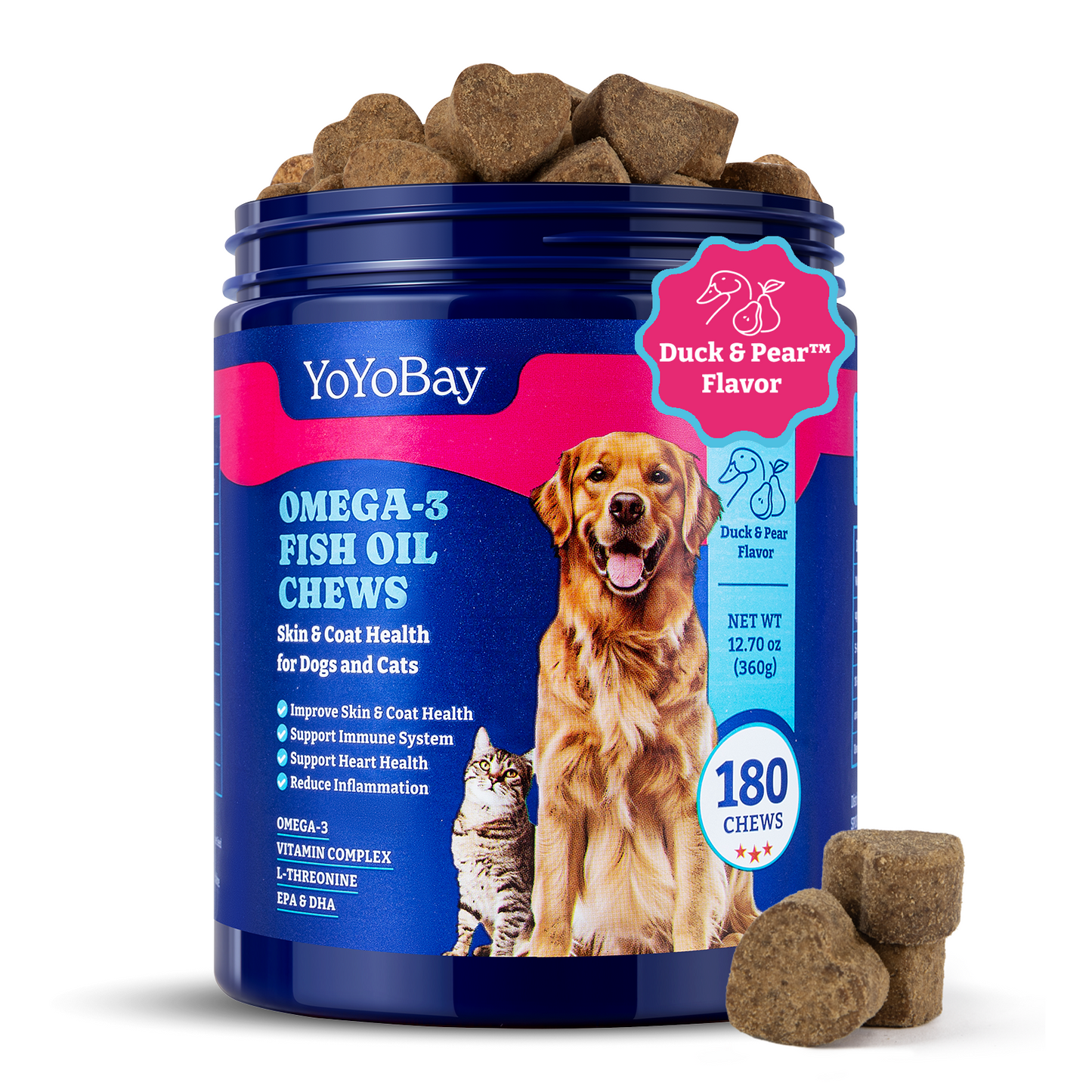 Omega-3 Fish Oil Chews for Dogs & Cats, 180 Soft Chews, Duck & Pear Flavor