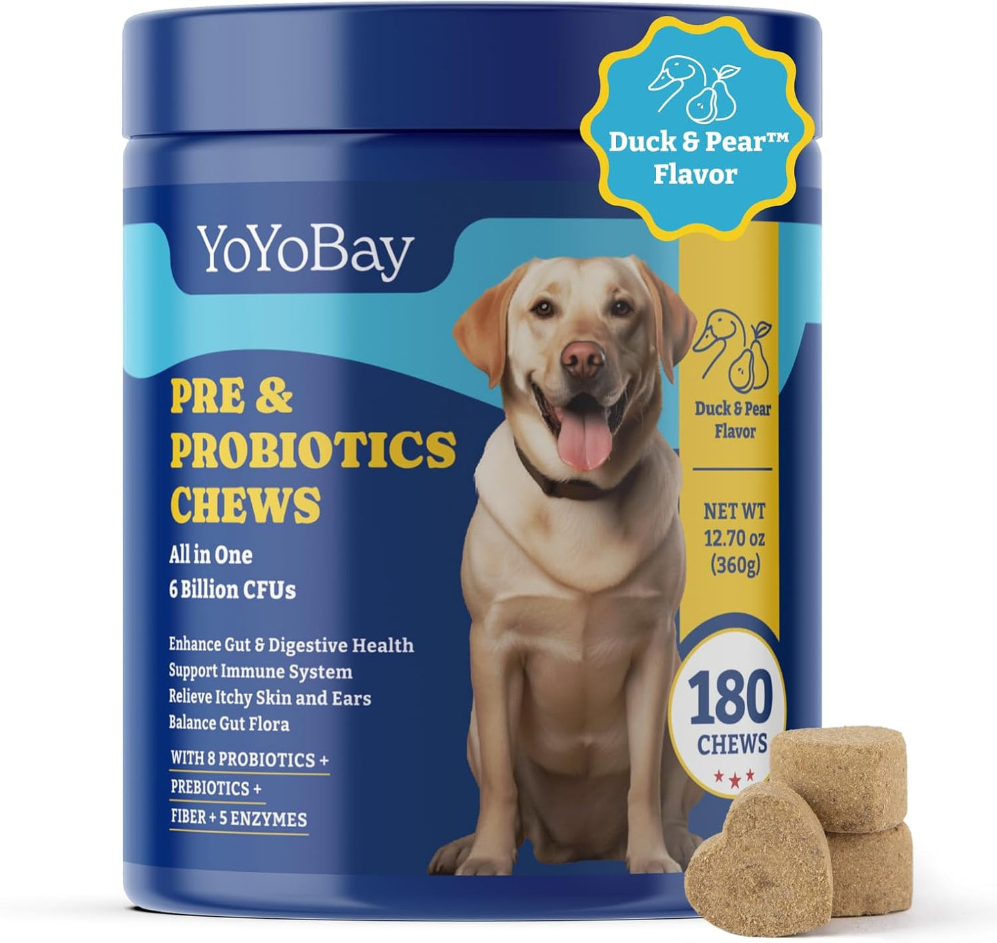 Dog Probiotics for Yeast Balance, Itchy Skin, Gut, Immune & Skin Health - 6 Billion CFUs, 180 Soft Chews, Duck & Pear Flavor - with Prebiotics & Digestive Enzymes