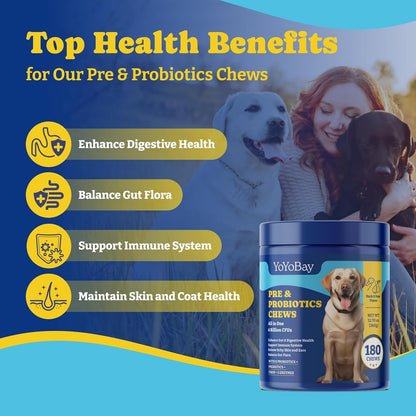 Dog Probiotics for Yeast Balance, Itchy Skin, Gut, Immune & Skin Health - 6 Billion CFUs, 180 Soft Chews, Duck & Pear Flavor - with Prebiotics & Digestive Enzymes