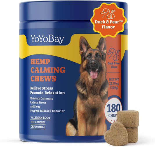 Dog Calming Chews for Anxiety Relief, Separation Aid, Travel, Thunderstorms - 180 Soft Chews, Duck & Pear Flavor - with Valerian Root, Melatonin, Hemp Oil