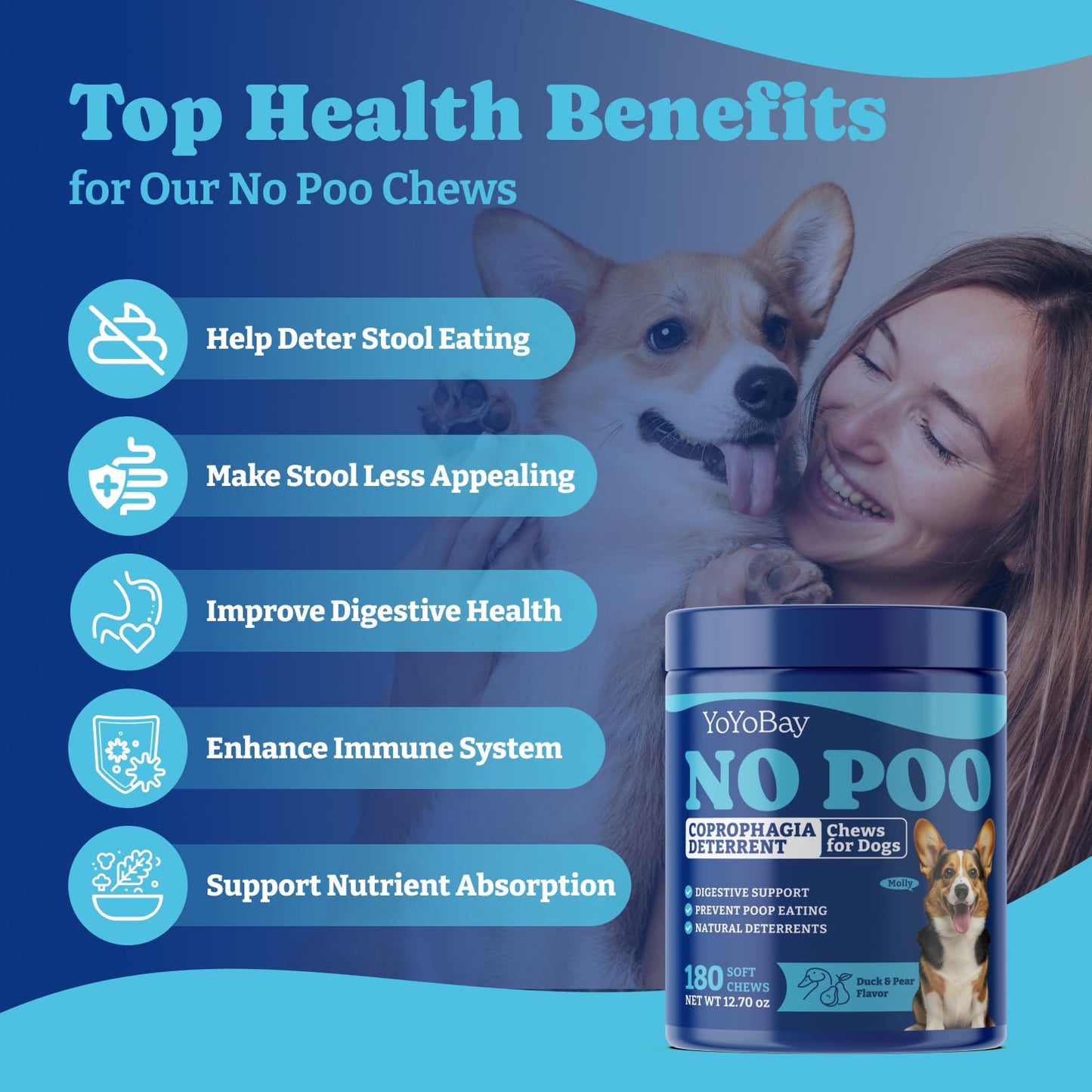 No Poo Chews for Dogs, Coprophagia Deterrent,  Digestive Health & Immune Support - 180 Soft Chews, Duck & Pear Flavor