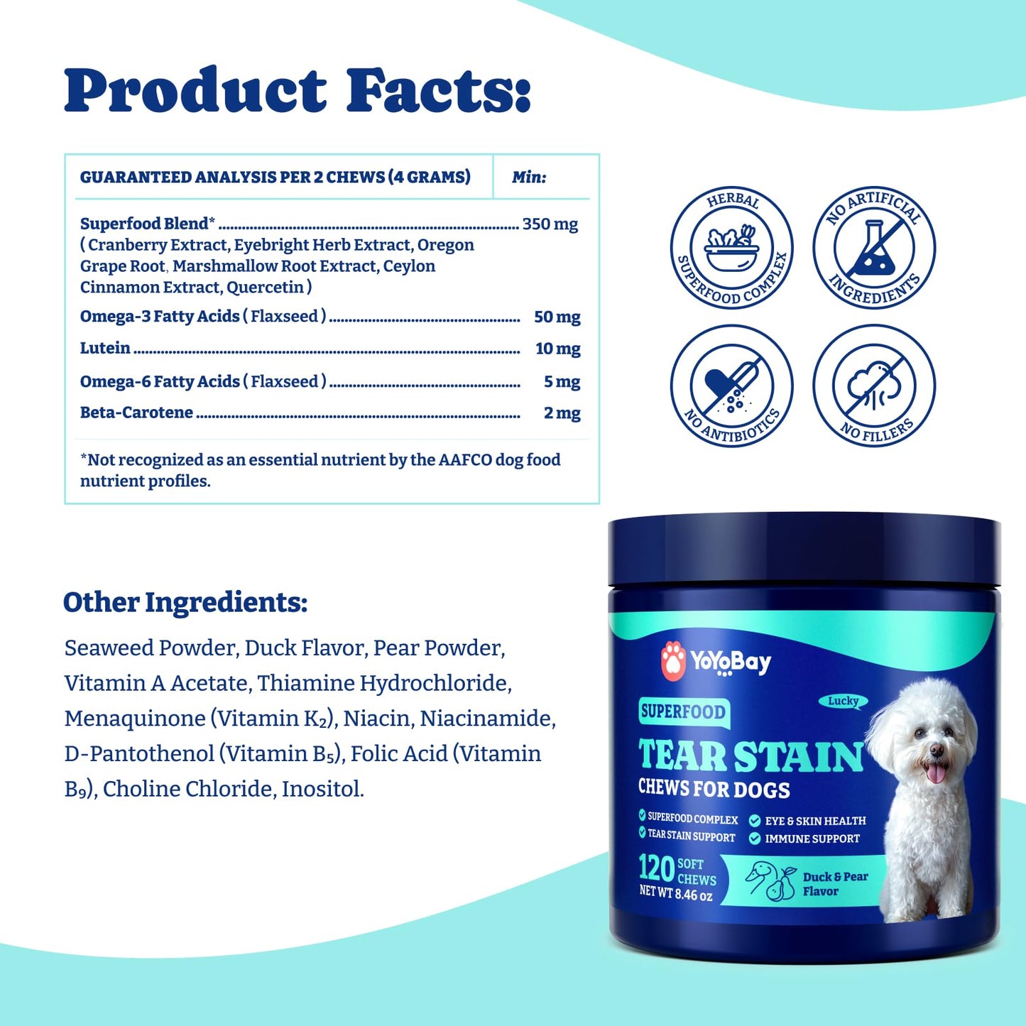 Tear Stain Support Soft Chews for Dogs – for Eye Health, Vision & Immune Support – 120 Count, Duck & Pear Flavor