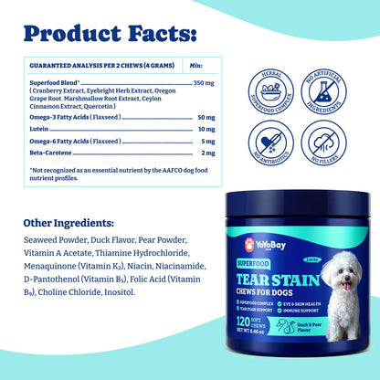 Tear Stain Support Soft Chews for Dogs – for Eye Health, Vision & Immune Support – 120 Count, Duck & Pear Flavor