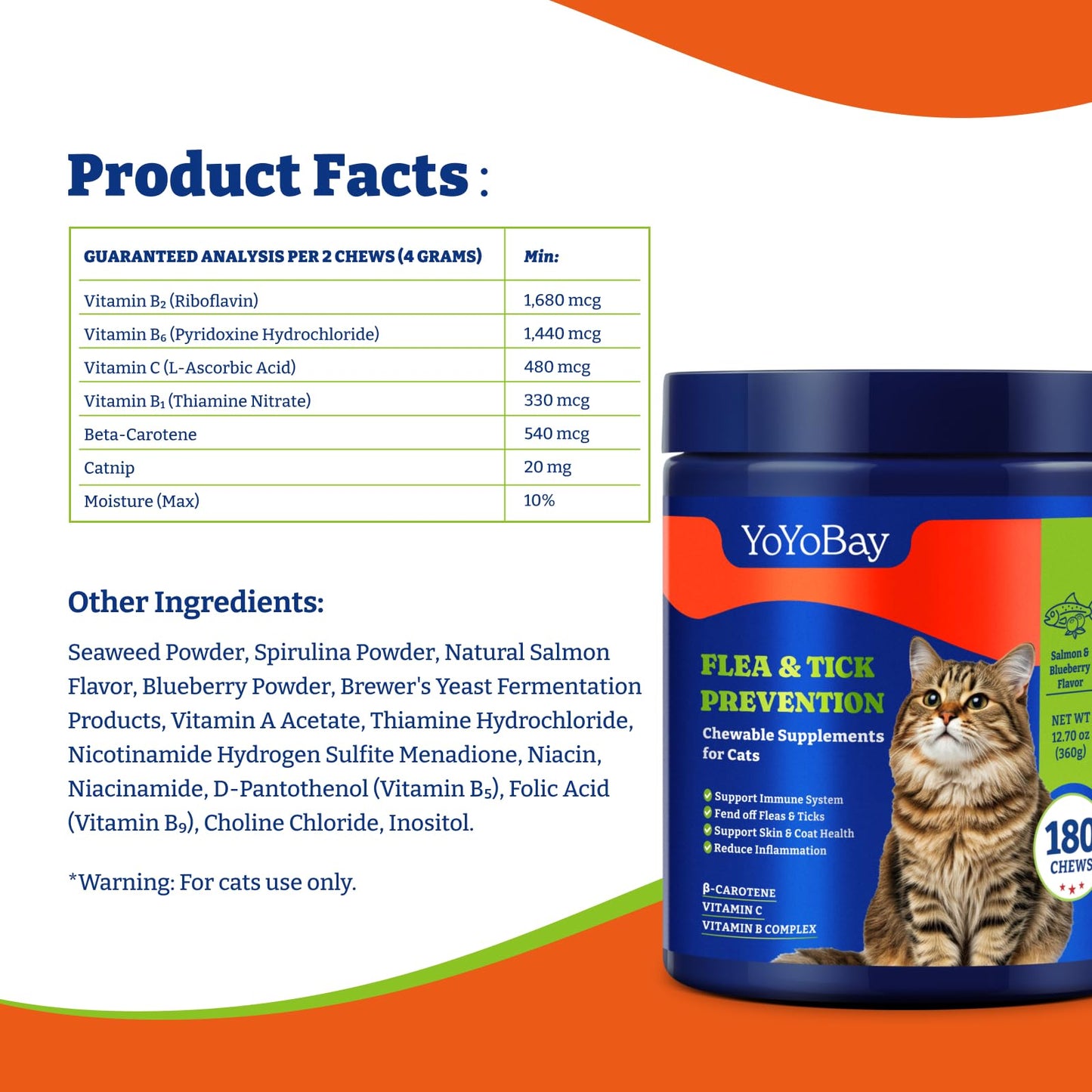 Flea and Tick Prevention for Cats - Salmon & Blueberry Flavor Cat Flea Treatment Chewable, 180 Chews