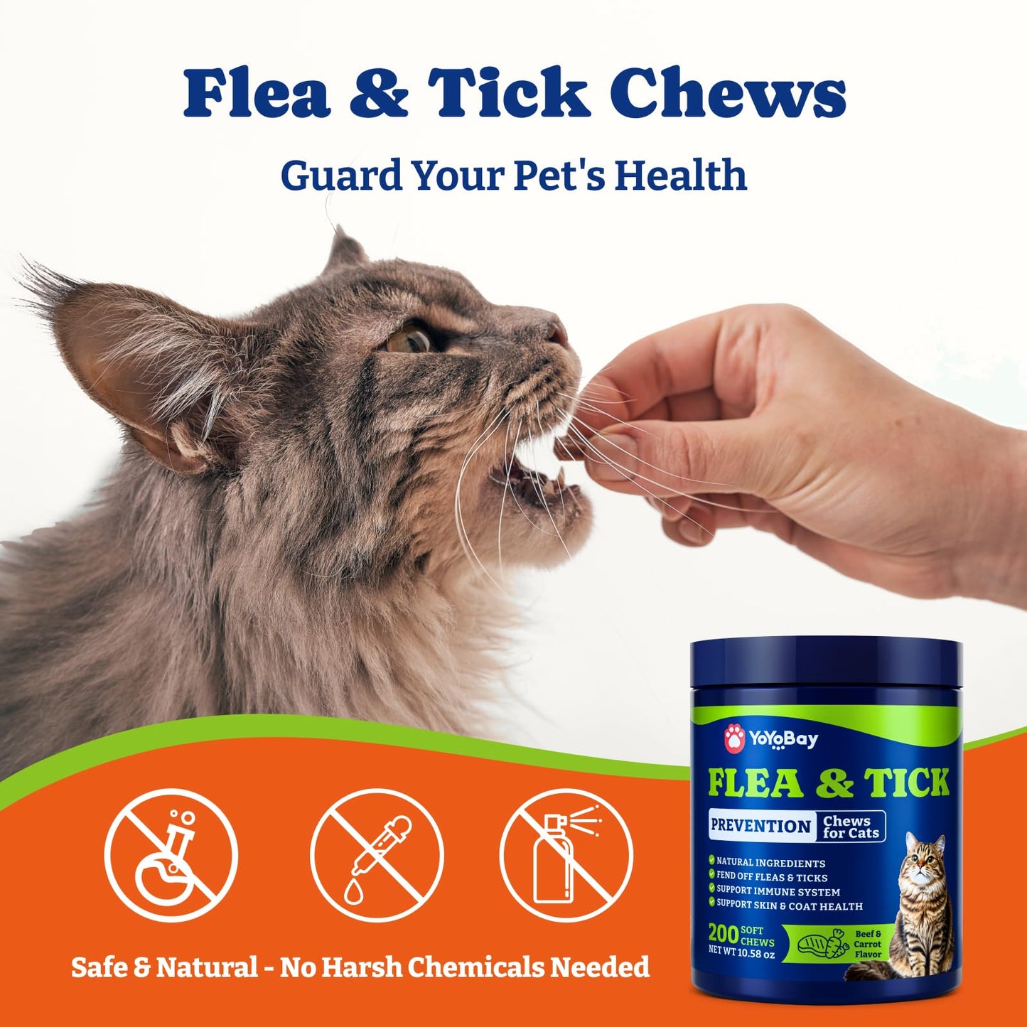 Flea and Tick Prevention for Cats -  Beef & Carroct Flavor ,200 Soft Chews