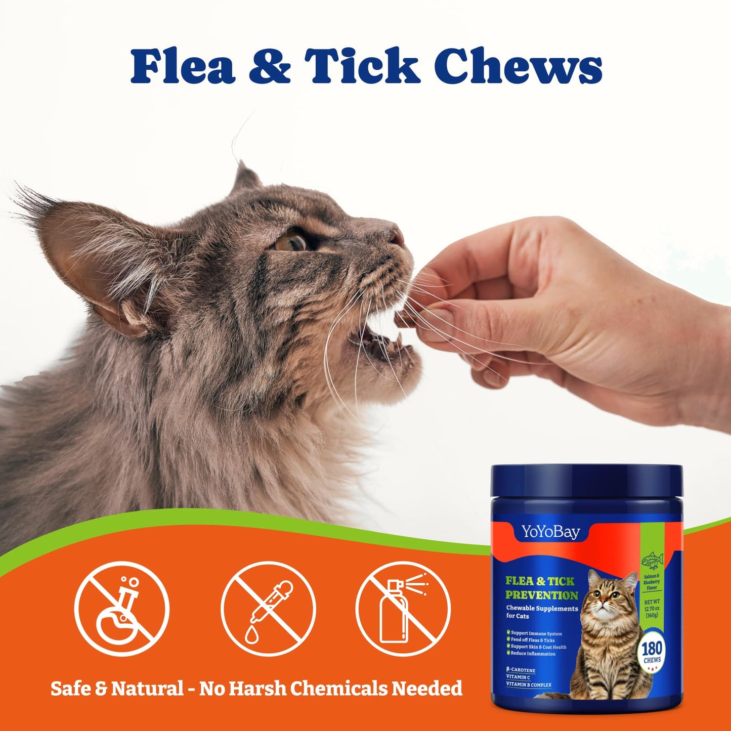 Flea and Tick Prevention for Cats - Salmon & Blueberry Flavor Cat Flea Treatment Chewable, 180 Chews