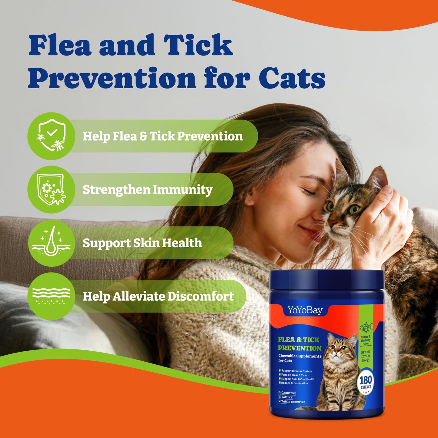 Flea and Tick Prevention for Cats - Salmon & Blueberry Flavor Cat Flea Treatment Chewable, 180 Chews
