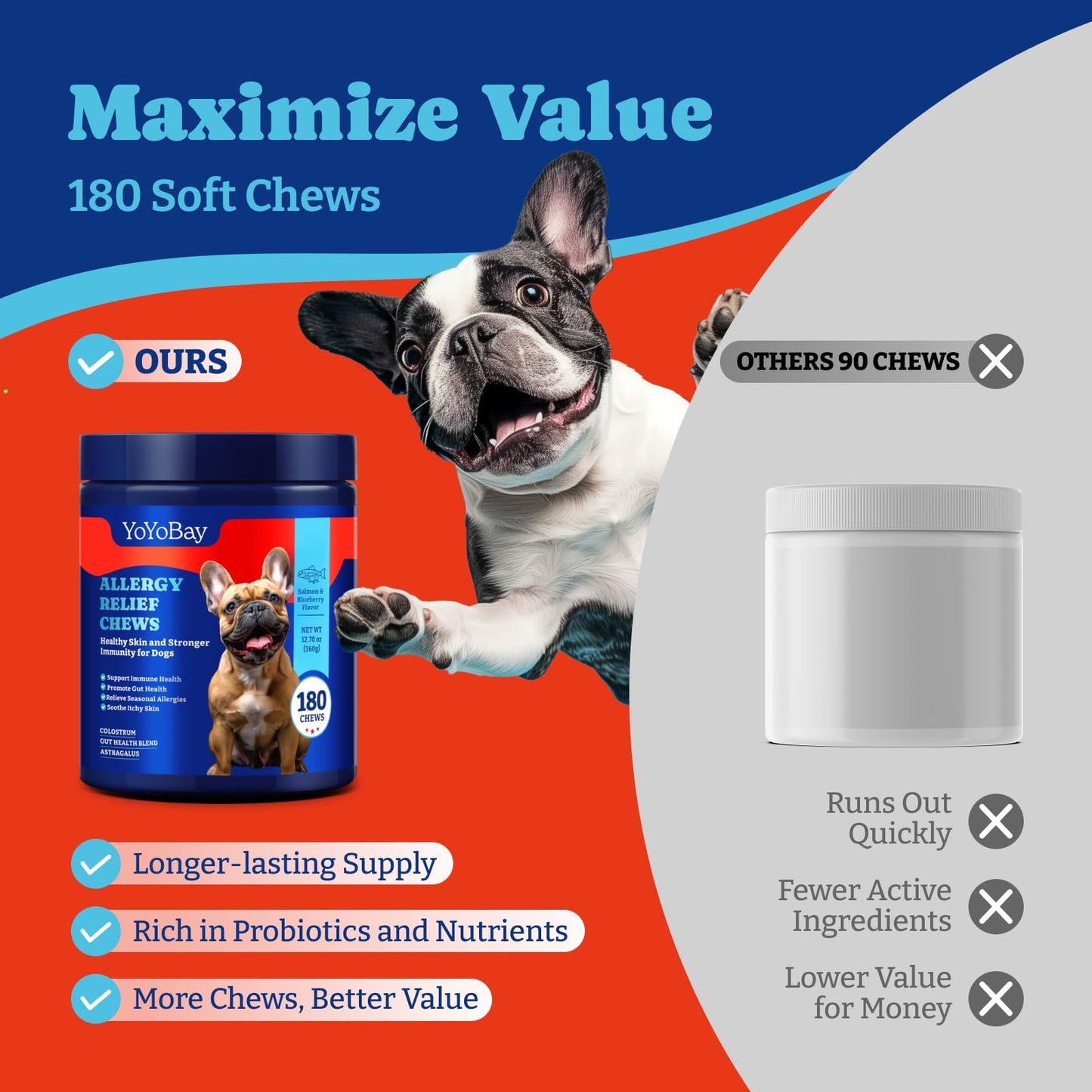 Dog Allergy Relief Chews –Salmon & Blueberry Flavor - Immune Support & Itch Relief ,180 Soft Chews