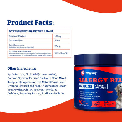 Dog Allergy Relief Chews – 70 Soft Chews, Turkey & Pumpkin Flavor