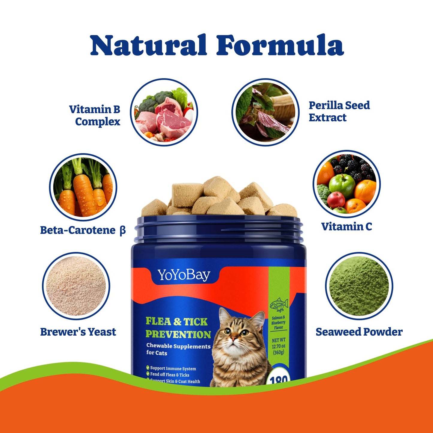 Flea and Tick Prevention for Cats - Salmon & Blueberry Flavor Cat Flea Treatment Chewable, 180 Chews