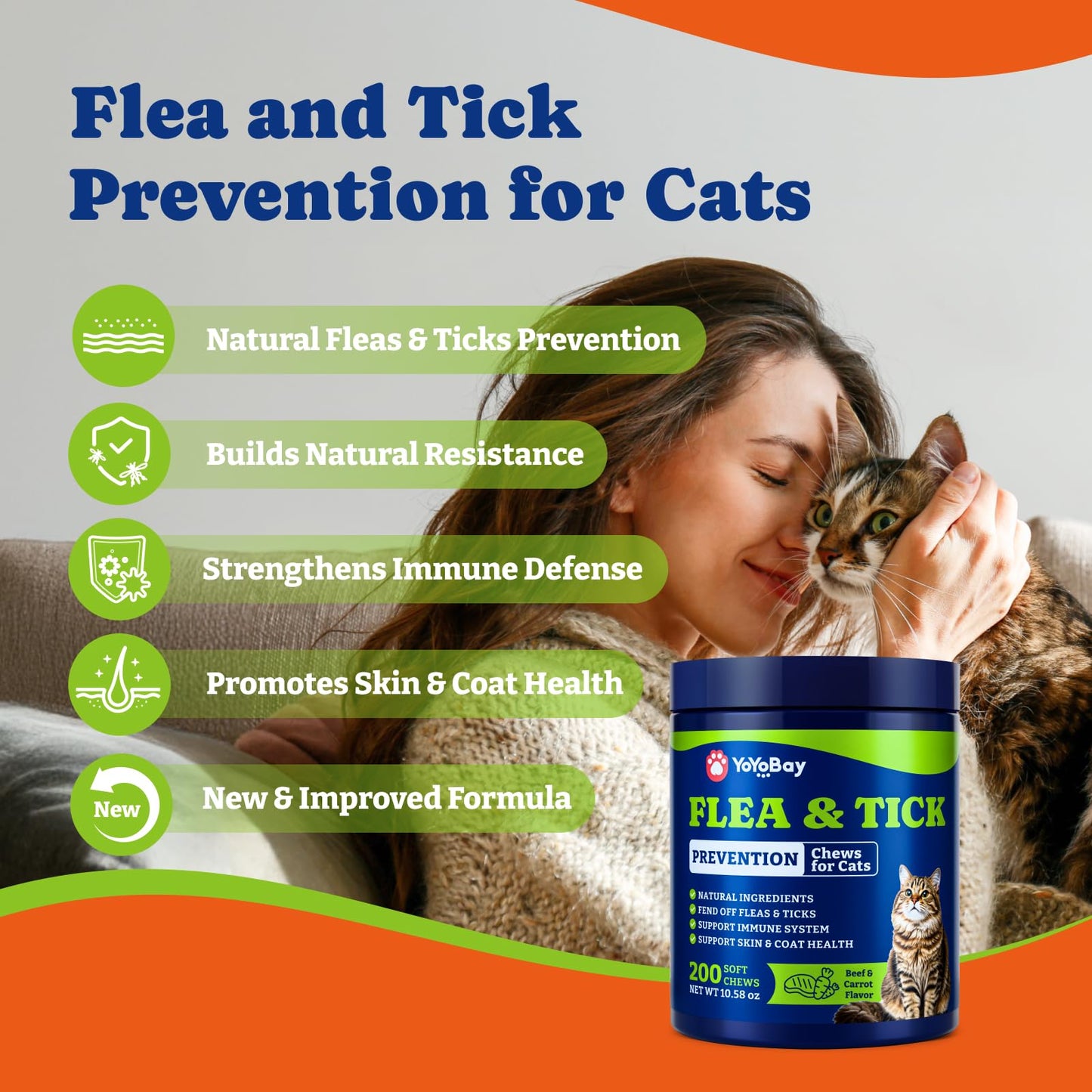 Flea and Tick Prevention for Cats -  Beef & Carroct Flavor ,200 Soft Chews