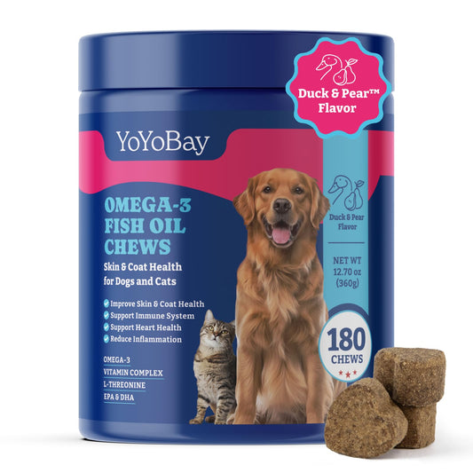Fish Oil Chews for Dogs & Cats - Rich in Omega 3, 6, and 9 with Flaxseed Oil, Duck & Pear Flavor - Anti-Inflammation, Skin & Coat Health