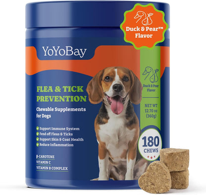 Flea and Tick Prevention for Dogs Chewable - 180 Soft Chews, Duck & Pear Flavor - Dog Immune Support Supplement