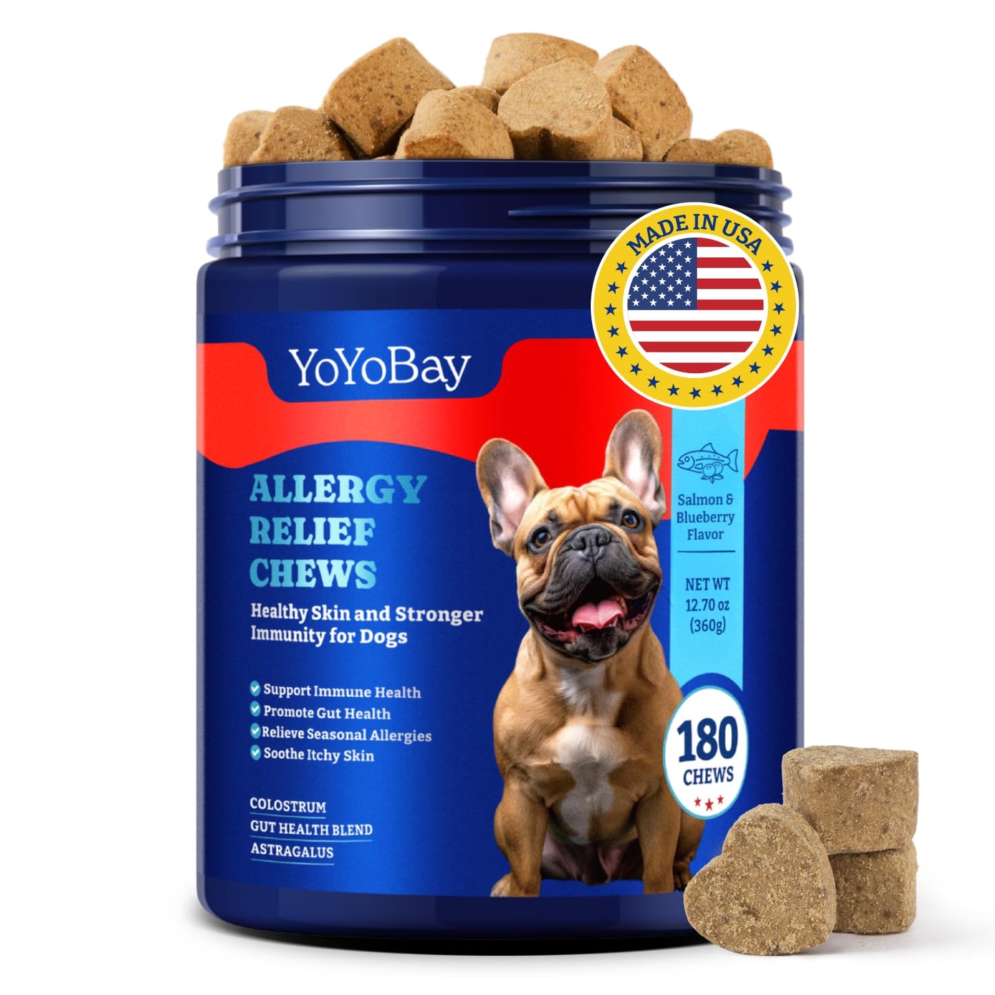 Dog Allergy Relief Chews –Salmon & Blueberry Flavor - Immune Support & Itch Relief ,180 Soft Chews
