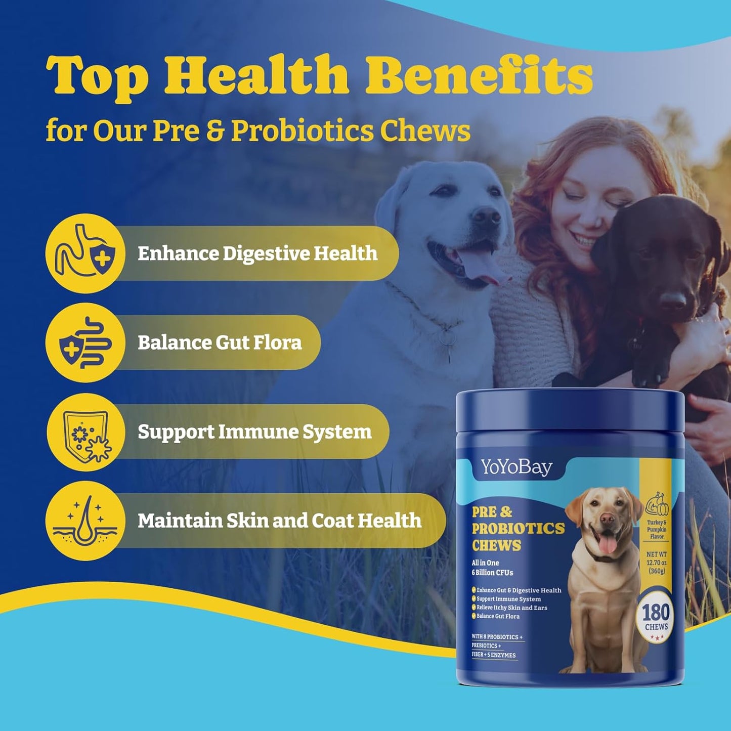 Dog Probiotics with Prebiotics & Digestive Enzymes, 180 Soft Chews, Turkey & Pumpkin Flavor