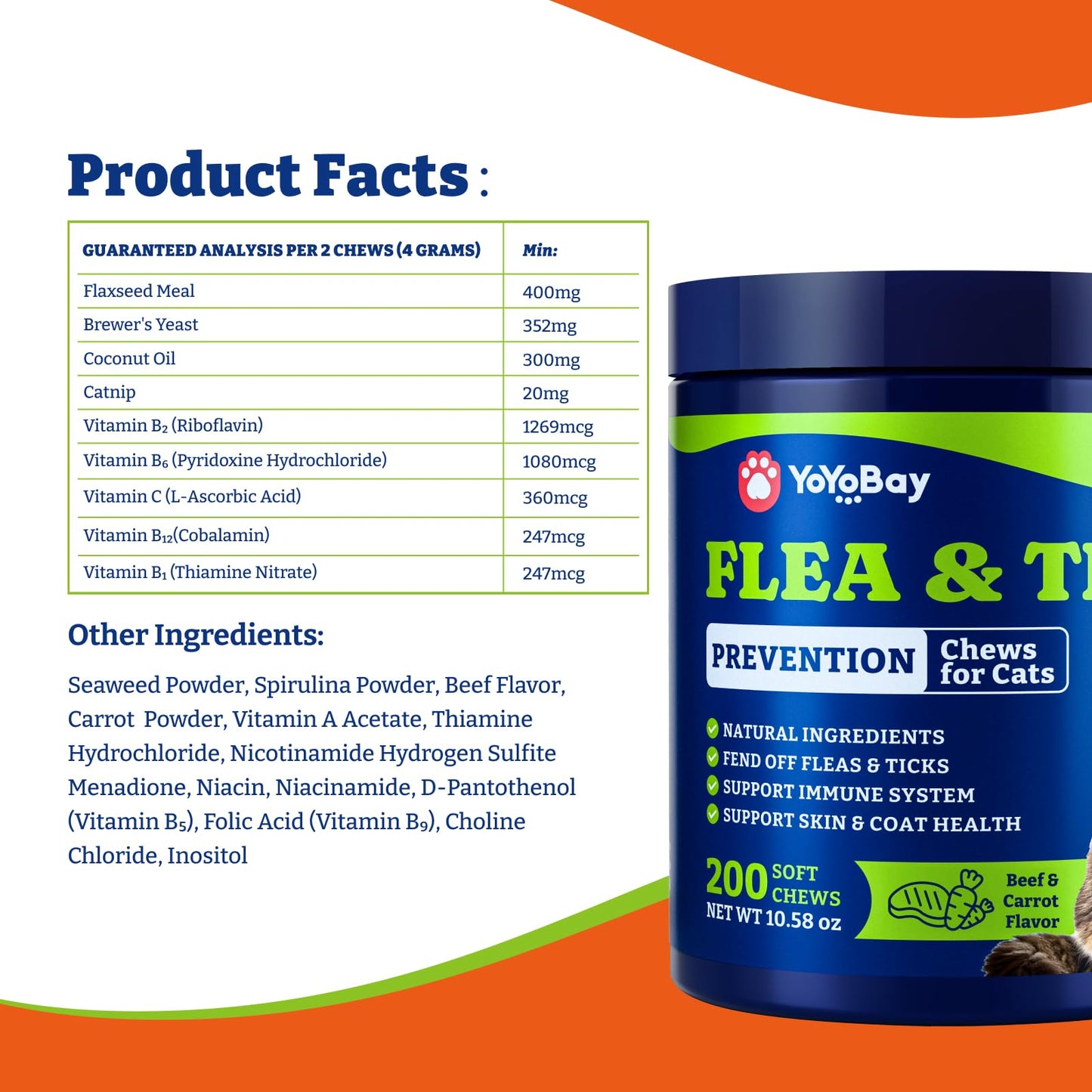 Flea and Tick Prevention for Cats -  Beef & Carroct Flavor ,200 Soft Chews